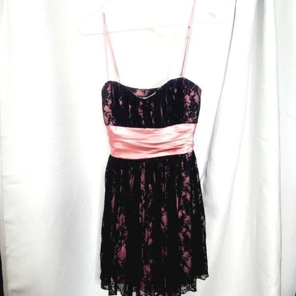 Vintage 90s Y2K Barbiecore Pink Black Lace Mini Prom Hoco Dress - Picture 1 of 16